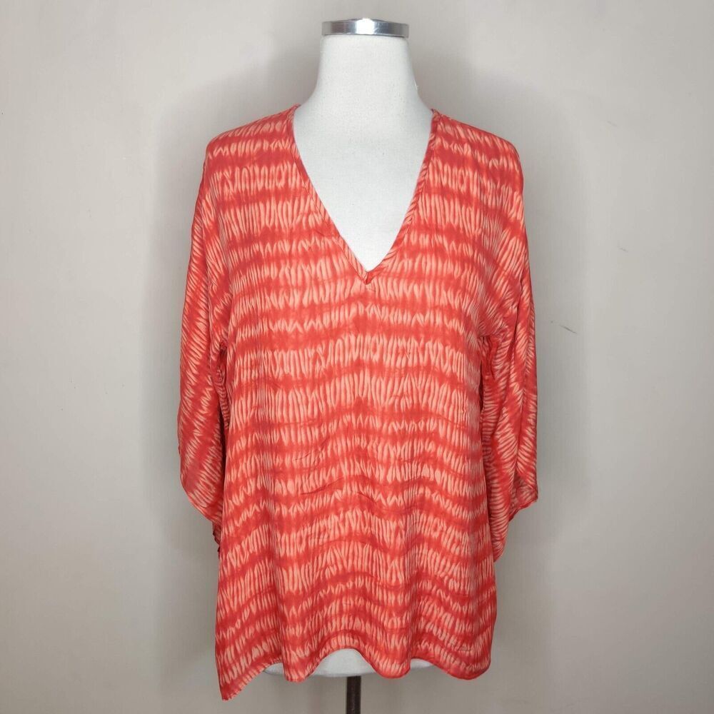 Michael Kors‎ Silk Blouse Tunic Tie Dye Orange Red Kimono Sleeve